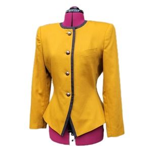 Kasper Vintage 80s Mustard Yellow 100% Wool Collarless Blazer Suit Jacket sz 6